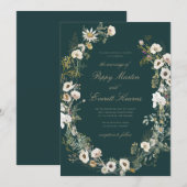 Emerald & Cream Floral Poppy Wedding Invitation Kaart (Voorkant / Achterkant)