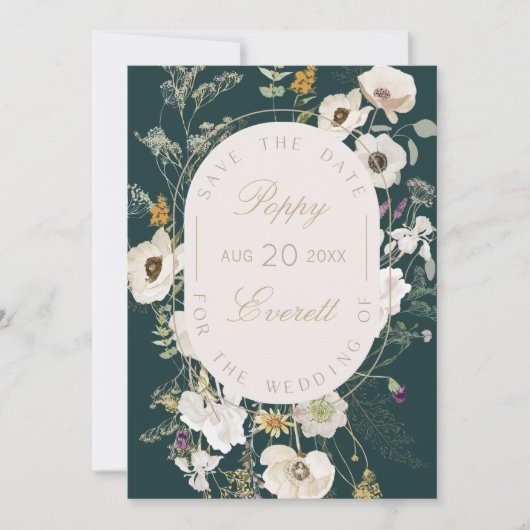 Emerald & Cream Poppy Floral Save The Date Card (Voorkant)