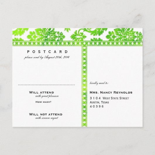 Emerald  Damask Lace Wedding RSVP Uitnodiging Briefkaart (Achterkant)