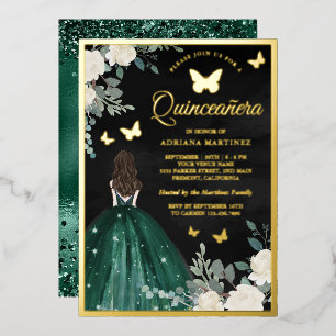 Emerald Dress Butterfly Black Quinceanera Gold Folie Uitnodiging