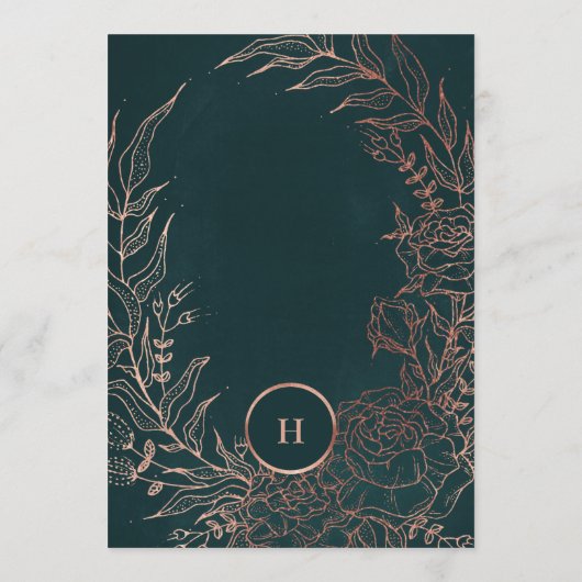 Emerald Dusty Roos Gold Monogram Wreath Weddenscha Kaart (Achterkant)