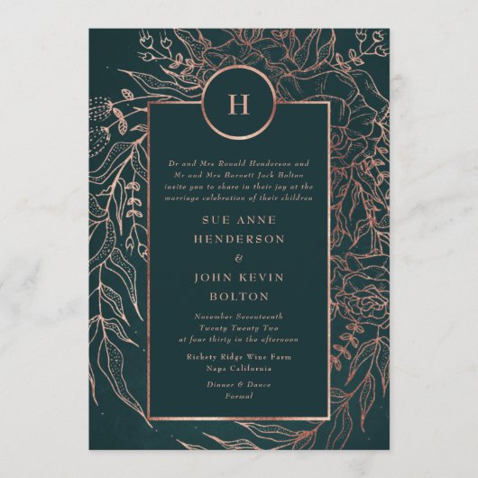 Emerald Dusty Roos Gold Monogram Wreath Weddenscha Kaart (Voorkant)