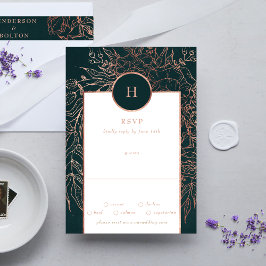 Emerald Dusty Roos Gold Monogram Wreath Weddenscha RSVP Kaartje