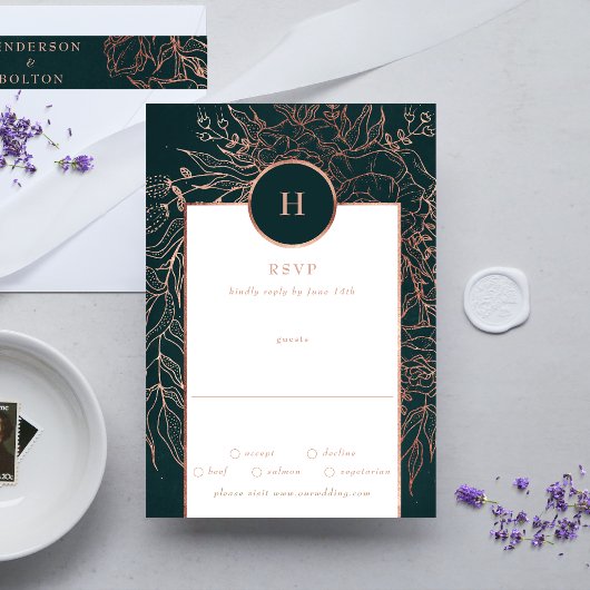 Emerald Dusty Roos Gold Monogram Wreath Weddenscha RSVP Kaartje