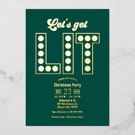 Emerald Elegance Get Lit Retro Christmas Party Folie Uitnodiging (Voorkant)