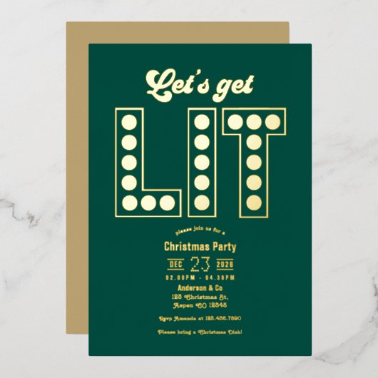 Emerald Elegance Get Lit Retro Christmas Party Folie Uitnodiging (Voorkant / Achterkant)