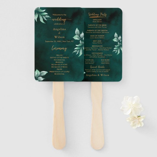 Emerald Elegant Eucalyptus Wedding Programme Handwaaier (Voorkant en achterkant)
