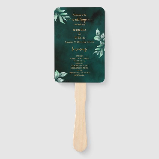 Emerald Elegant Eucalyptus Wedding Programme Handwaaier (Voorkant)