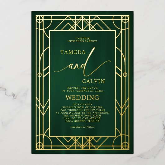 Emerald Elegant Gold Decorative Lijst Wedding Folie Uitnodiging (Voorkant)