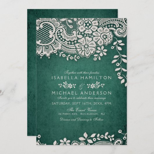 Emerald elegant  lace rustige bruiloft kaart (Voorkant / Achterkant)