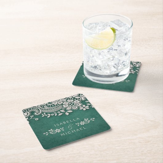 Emerald elegant  lace rustige bruiloft kartonnen onderzetters (Insitu)