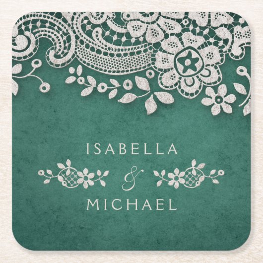 Emerald elegant  lace rustige bruiloft kartonnen onderzetters (Voorkant)
