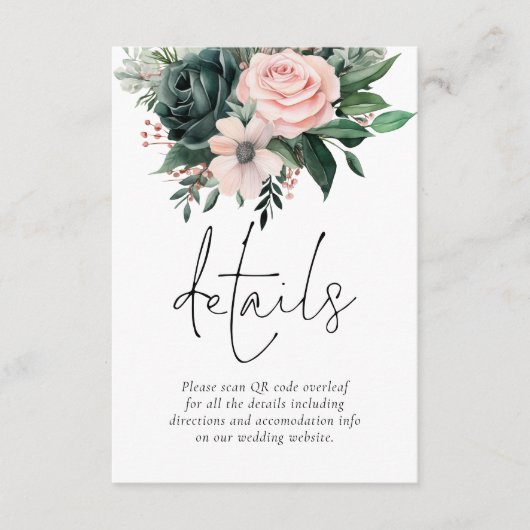 Emerald en Blush Bloemen QR Code Trouwdetails Informatiekaartje (Voorkant)