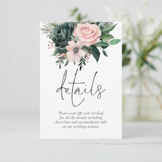 Emerald en Blush Bloemen QR Code Trouwdetails Informatiekaartje (Staand voorkant)