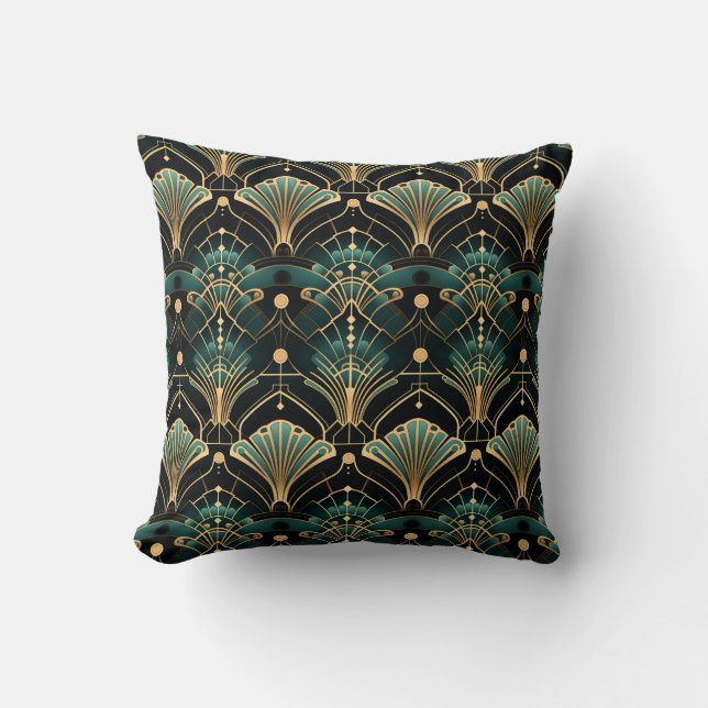 Emerald en Gold Art Deco-geïnspireerde Fan Kussen (Voorkant)