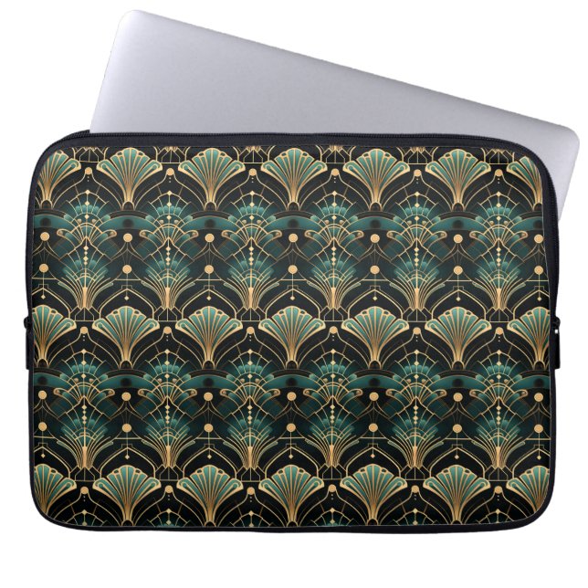 Emerald en Gold Art Deco-geïnspireerde Fan Laptop Sleeve (Voorkant)