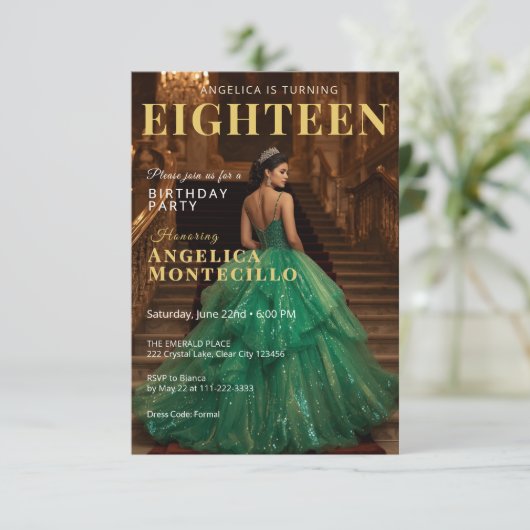 Emerald en Gold Magazine geïnspireerde uitnodiging (Staand voorkant)