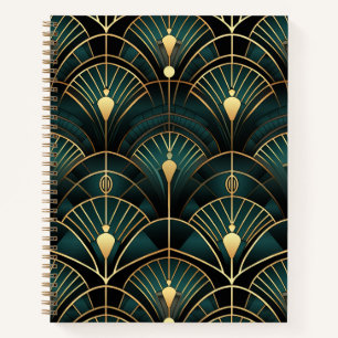 Emerald en goud art deco patroon spiraal notitieboek