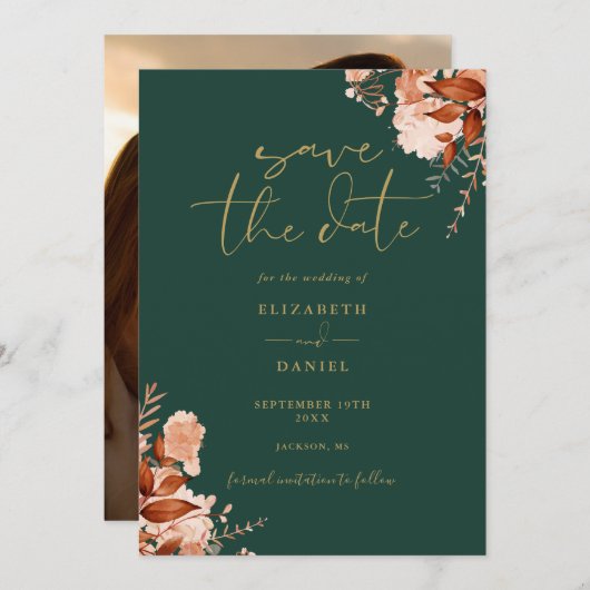 Emerald en goud rustieke bloem foto herfst bruilof save the date (Voorkant / Achterkant)