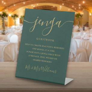 Emerald En Goud Schrift Jenga Trouwgastenboek Reclamebord Met Voetstuk