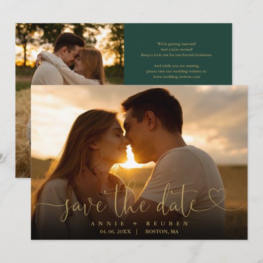 Emerald En Gouden Script Foto Huwelijks QR-code Save The Date (Voorkant / Achterkant)