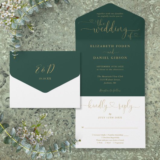 Emerald En Gouden Script Harten Minimalistische Tr All In One Uitnodiging