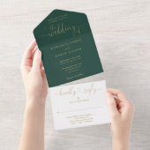 Emerald En Gouden Script Harten Minimalistische Tr All In One Uitnodiging (Afscheurbaar)