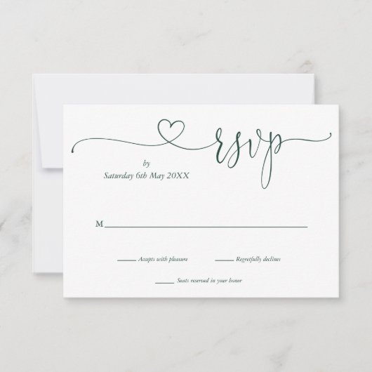 Emerald En Witte Script Hart RSVP Kaart (Voorkant)