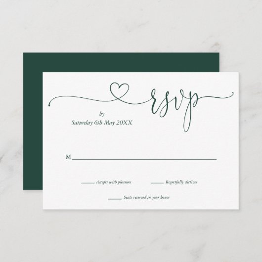 Emerald En Witte Script Hart RSVP Kaart (Voorkant / Achterkant)