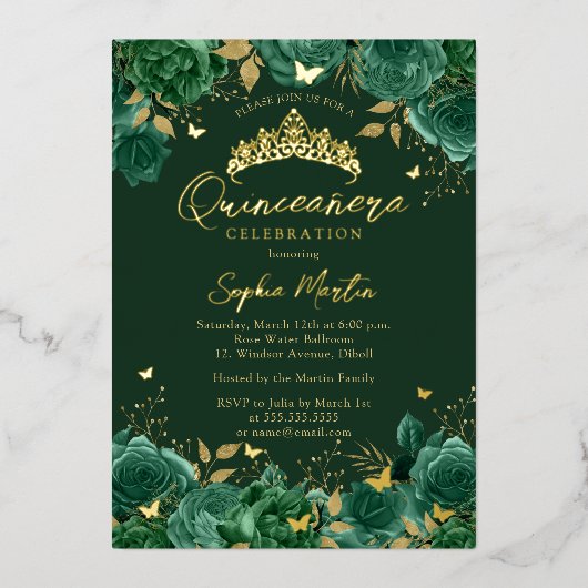 Emerald Enchanting Floral Butterfly Quinceanera Folie Uitnodiging (Voorkant)