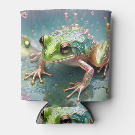 Emerald Essence: Groene kikker in fractale kunst Blikjeskoeler (Voorkant)