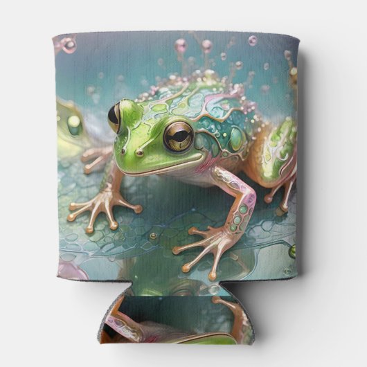 Emerald Essence: Groene kikker in fractale kunst Blikjeskoeler (Achterkant)