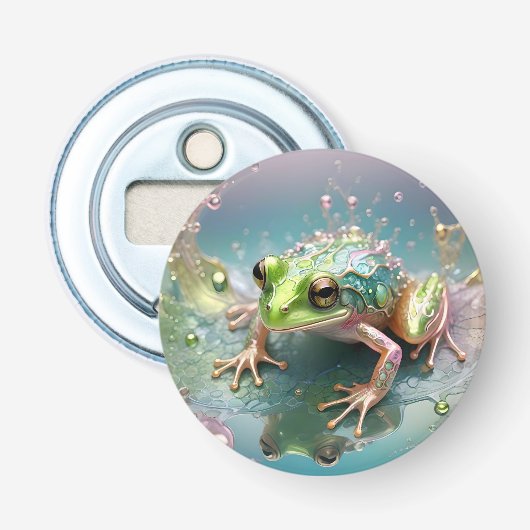 Emerald Essence: Groene kikker in fractale kunst Button Flesopener (Voorkant)
