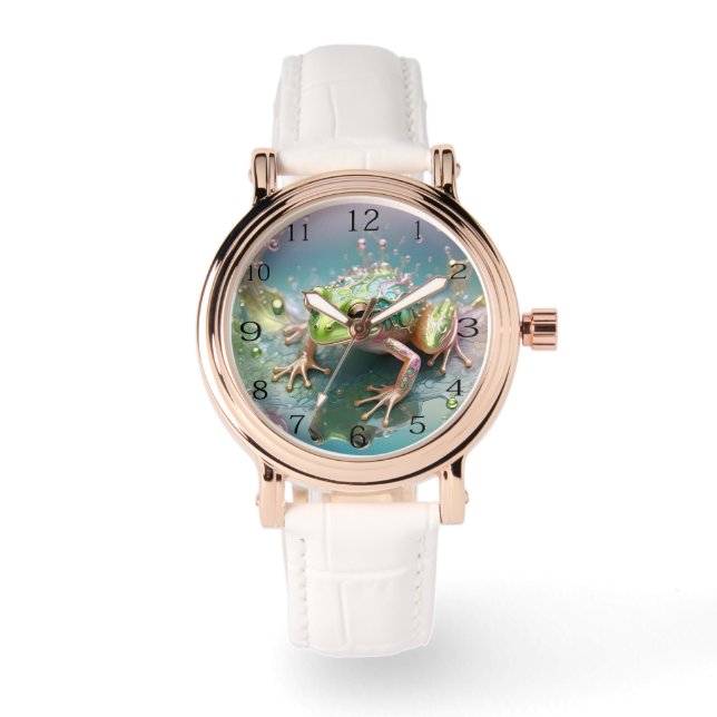 Emerald Essence: Groene kikker in fractale kunst Horloge (Voorkant)