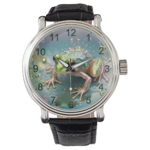Emerald Essence: Groene kikker in fractale kunst Horloge