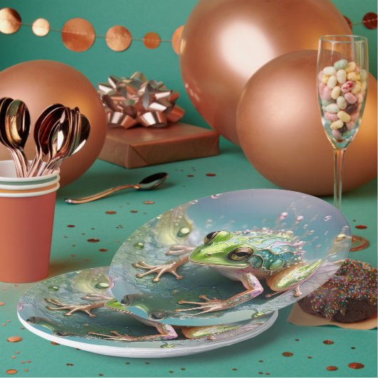 Emerald Essence: Groene kikker in fractale kunst Papieren Bordje (Multi)