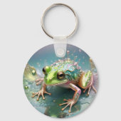 Emerald Essence: Groene kikker in fractale kunst Sleutelhanger (Achterkant)