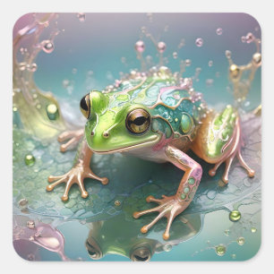 Emerald Essence: Groene kikker in fractale kunst Vierkante Sticker
