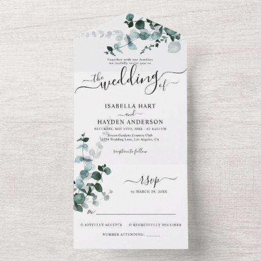 Emerald Eucalyptus Greenery Botanical Wedding RSVP All In One Uitnodiging (Binnen)