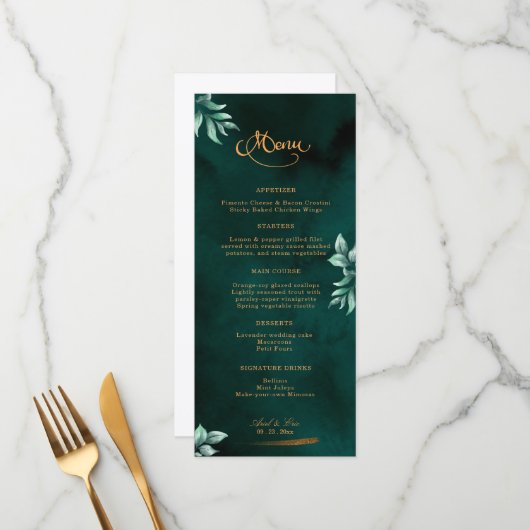 Emerald Eucalyptus Greenery Elegant Script Wedding Menu (Voorkant / Achterkant in situ)