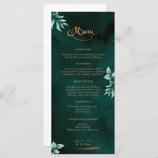 Emerald Eucalyptus Greenery Elegant Script Wedding Menu (Voorkant / Achterkant)