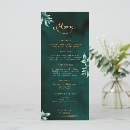 Emerald Eucalyptus Greenery Elegant Script Wedding Menu (Staand voorkant)