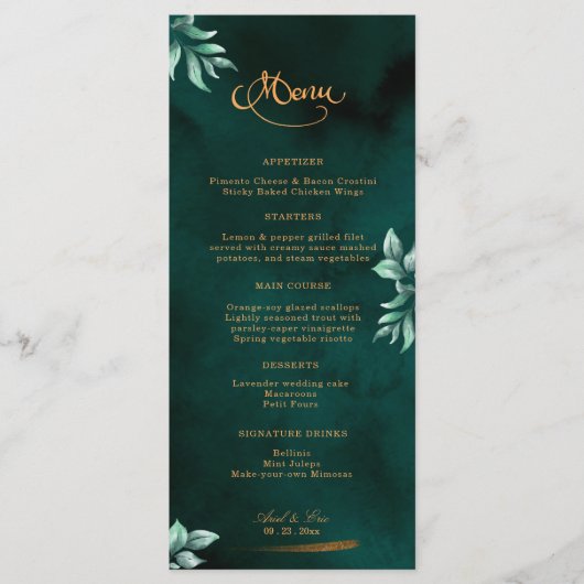 Emerald Eucalyptus Greenery Elegant Script Wedding Menu (Voorkant)