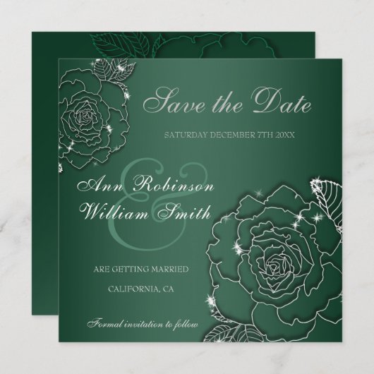 Emerald Evergreen Silver Elegant Wedding Save The Date (Voorkant / Achterkant)