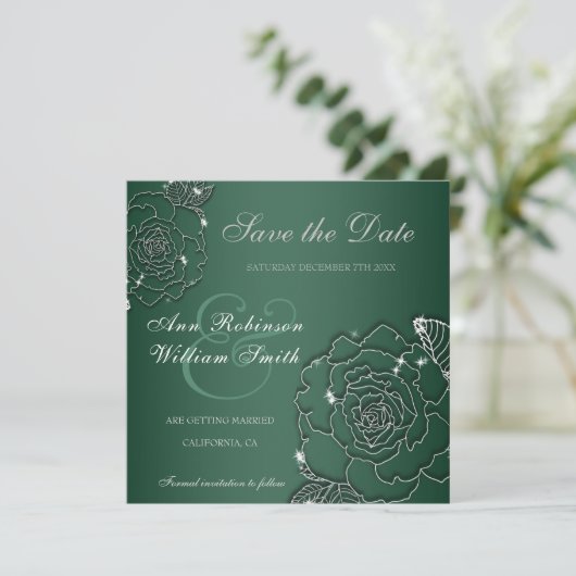 Emerald Evergreen Silver Elegant Wedding Save The Date (Staand voorkant)