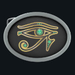 Emerald Eye of Ra in Gold Gesp<br><div class="desc">Een prachtig en elegant symbool van het oude Egypte "Eye of Ra", het symbool van hun godheid. Gold-kanalen ingesteld met prachtige edelstenen, perfect voor elke fan van Egyptische kunst. Verander de achtergrondkleur door deze aan te passen, dan Bewerken, dan terug naar Achtergrond, waar u kunt kiezen uit verschillende kleuren! Dit...</div>