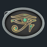 Emerald Eye of Ra in Gold Gesp<br><div class="desc">Een prachtig en elegant symbool van het oude Egypte "Eye of Ra", het symbool van hun godheid. Gold-kanalen ingesteld met prachtige edelstenen, perfect voor elke fan van Egyptische kunst. Verander de achtergrondkleur door deze aan te passen, dan Bewerken, dan terug naar Achtergrond, waar u kunt kiezen uit verschillende kleuren! Dit...</div>