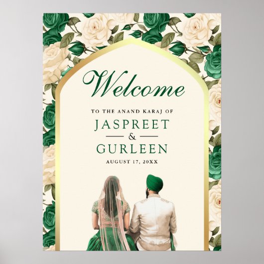 Emerald Floral Anand Karaj Bruiloft Welkomstbord Poster (Voorkant)