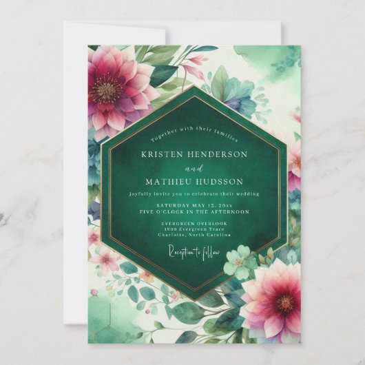 Emerald Floral Bloom Wedding Kaart (Voorkant)