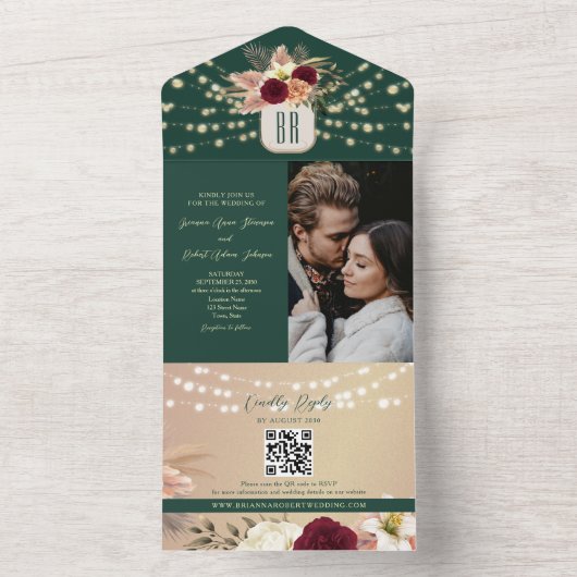 Emerald Floral Boho Wedding All In One Uitnodiging (Binnen)